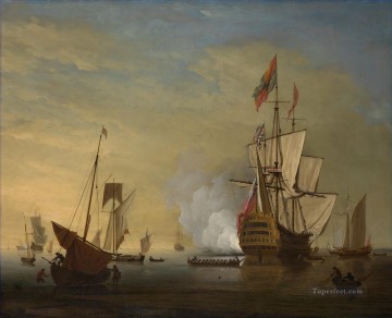 海戦 Painting - ピーター・モナミーの属性 港のシーン 帆を緩めて大砲を発砲するイギリスの船 海戦